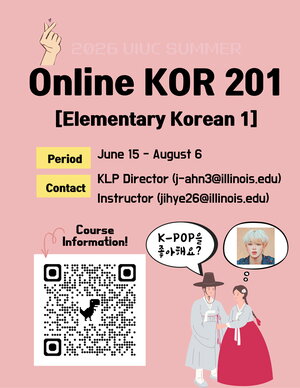 a poster featuring a QR code to access more information regarding KOR 201 and directing questions to Professor Jeeyoung Ahn Ha. 