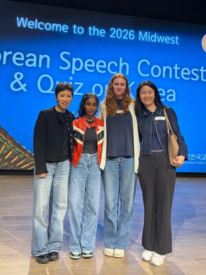 Professor Jeeyoung Ahn Ha, student Jana Karunakaran, student Frances Ivy-Barrett, and Instructor Jihye Yun at the 2026 MATK Korean Speech Contest