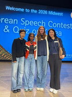 Professor Jeeyoung Ahn Ha, student Jana Karunakaran, student Frances Ivy-Barrett, and Instructor Jihye Yun at the 2026 MATK Korean Speech Contest